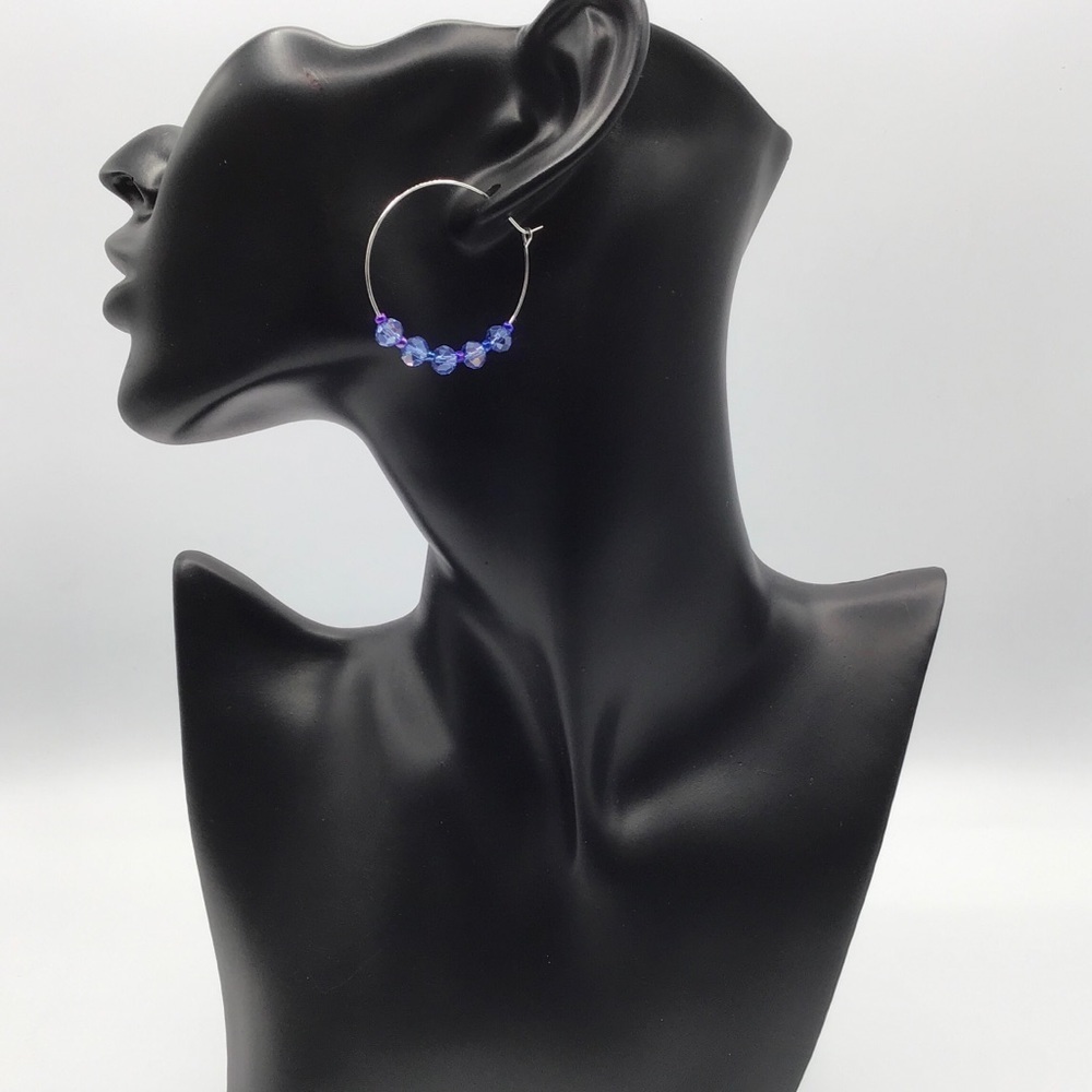 Hoop Earrings Boho Beaded Rondelle Faceted Blue AB Rainbow Colors Jewelry